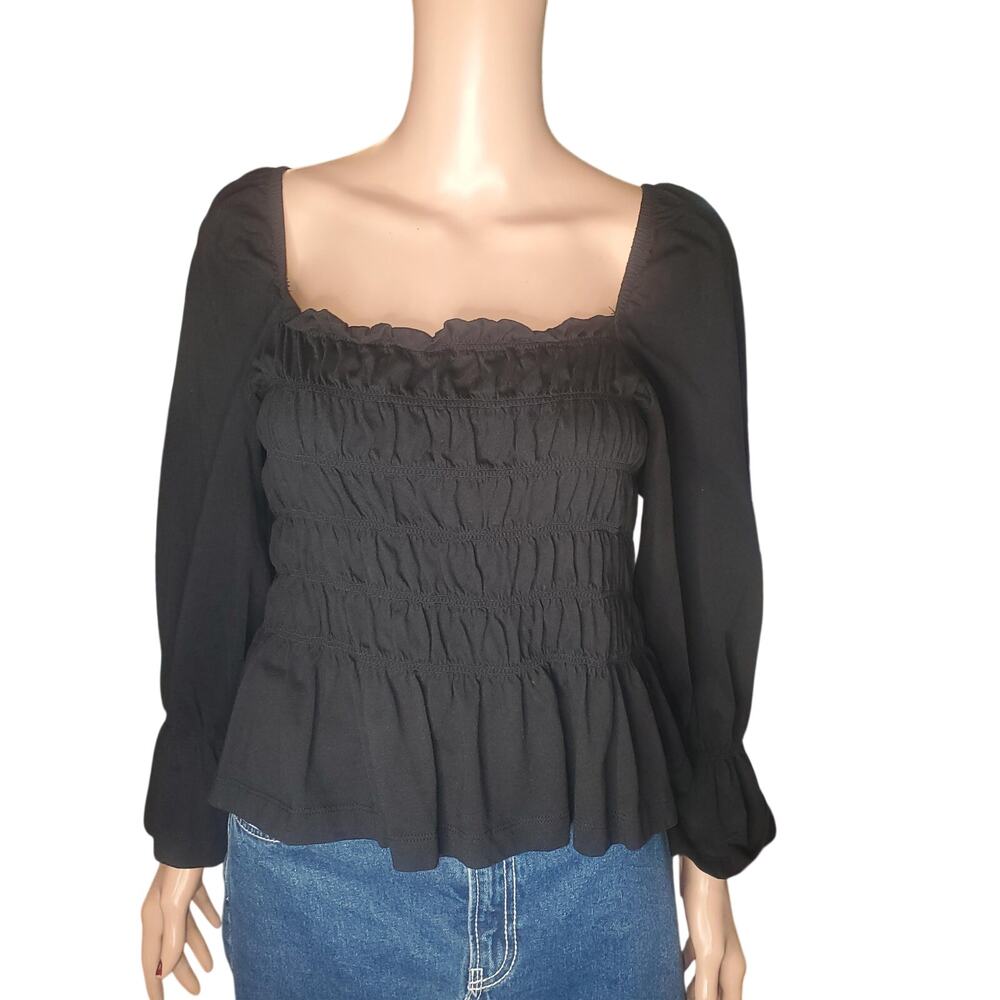 H&M Black Smocked Milkmaid Top Puff Sleeve Peplum Cottagecore M Tiny FLAW